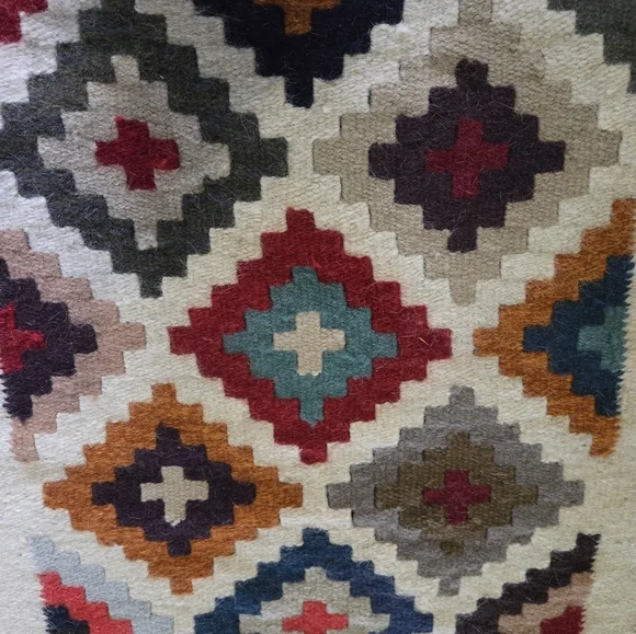 Double-Frame Red Bricks Kilim Wool Rug 52" x 26" Fringe - Picture 3 of 6